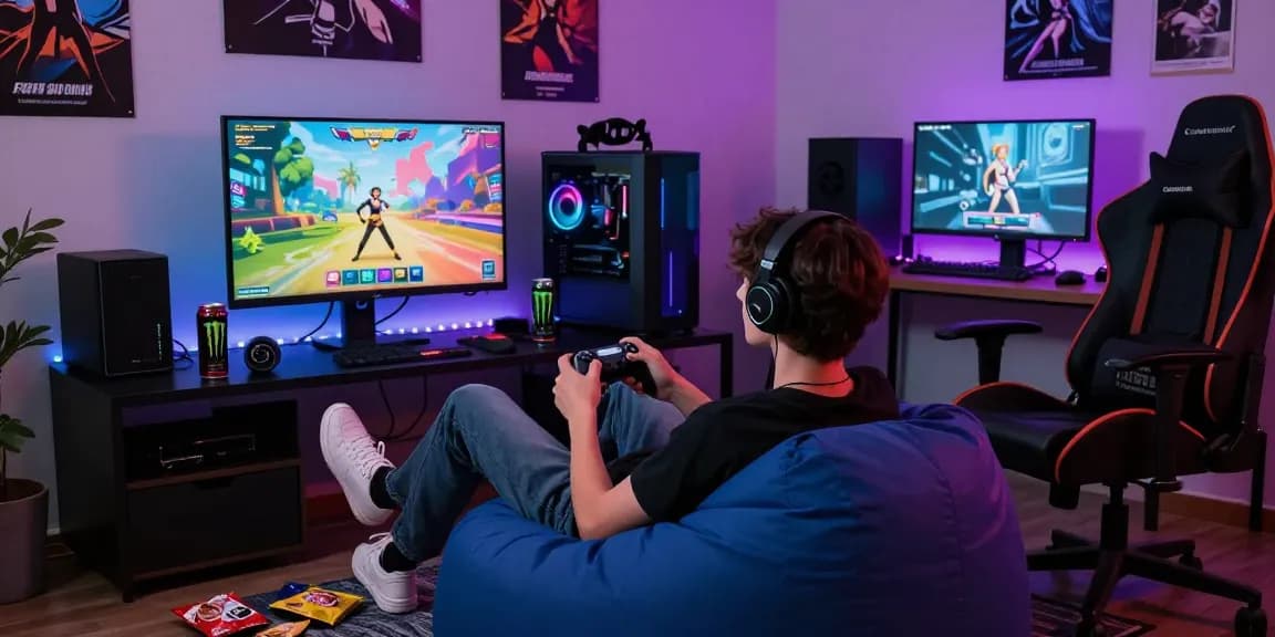 Enjoy immersive gaming experience with a free porn game in a colorful gaming room setup.
