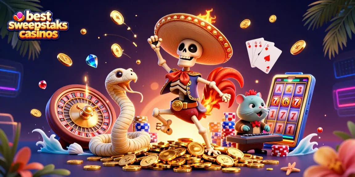 Experience the thrill with the best sweepstakes casinos featuring vibrant characters and gold.