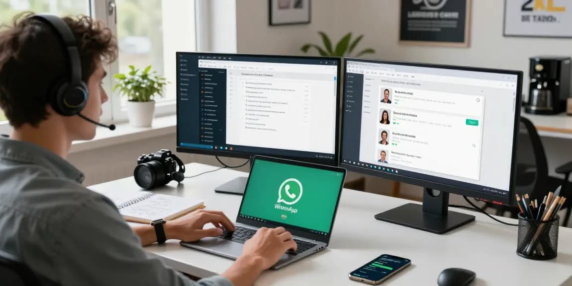 Person using WhatsApp電腦版 for a video call in a modern tech workspace with vibrant office elements.