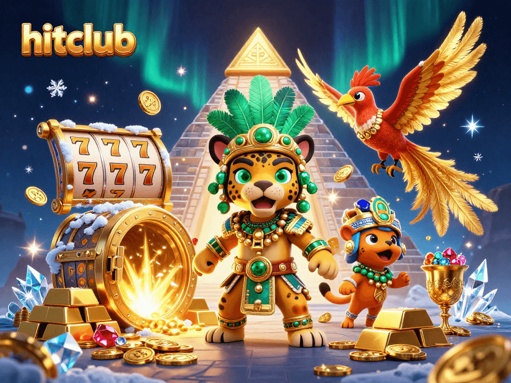 Hitclub offers thrilling slots adventure with exciting Mayan priest and golden treasures in 3D illustration.