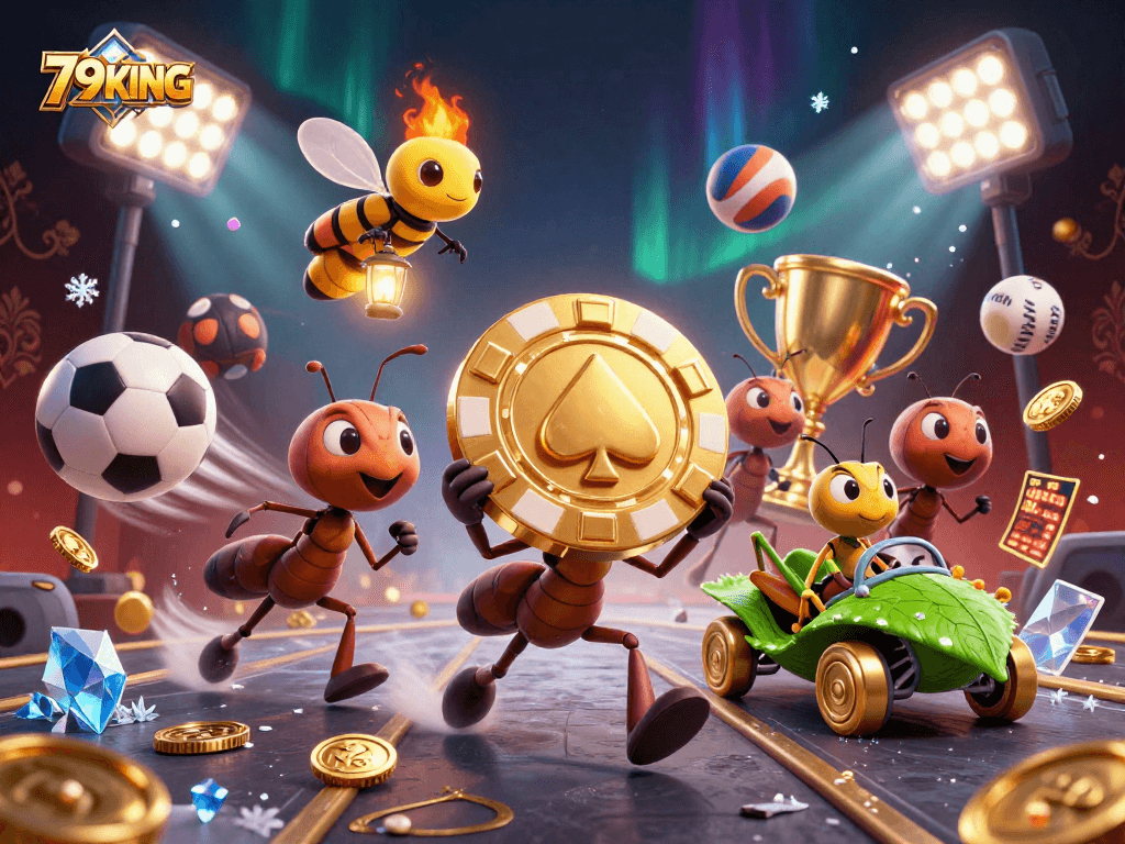 Engage with 79KING as animated ants score a heist with a golden poker chip in this vibrant casino illustration.