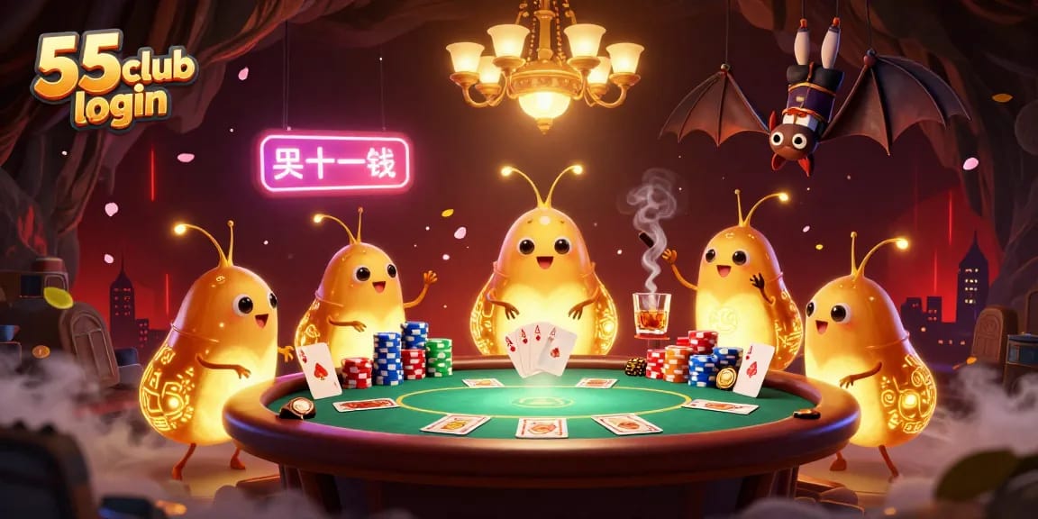Experience the immersive 55 club login scene with glowworms and a bat dealer in a vibrant casino setting.