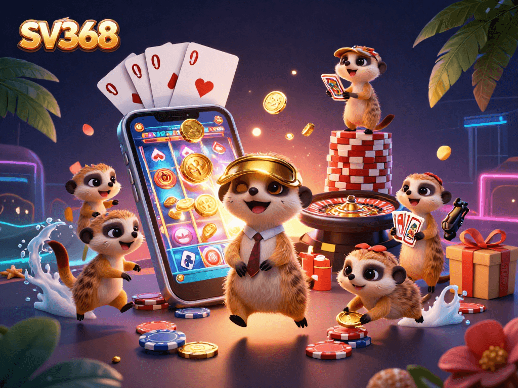 SV368 enhances excitement as meerkats run a colorful casino with slot games and chip activities.