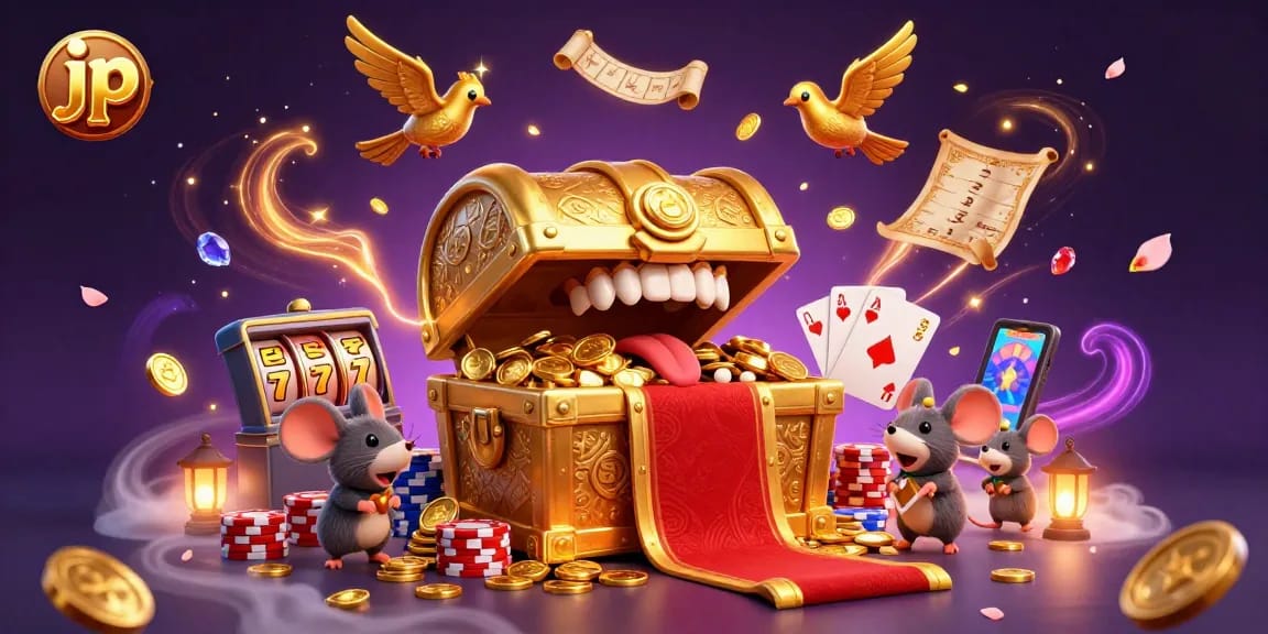 Spin the jackpot reels with jp-themed treasures enticing adventurer mice in a vibrant casino scene.