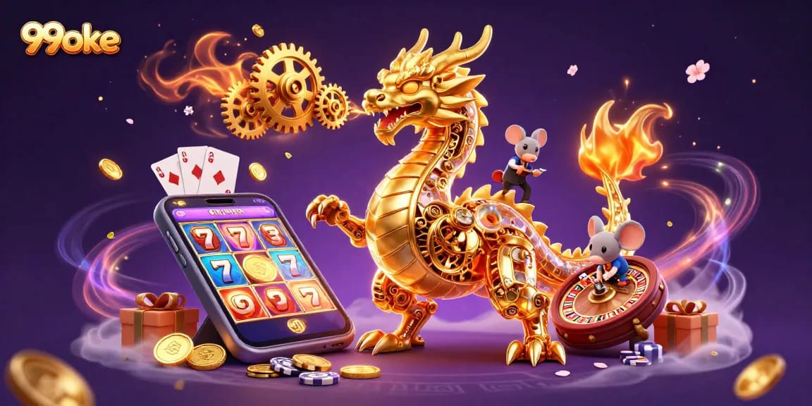 Experience 99oke's dynamic slot games with a golden dragon and engaging casino elements.