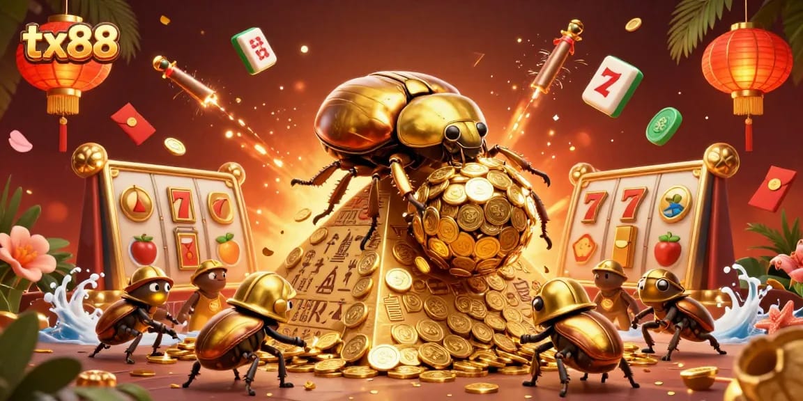 tx88 players enjoy immersive slots experience with golden beetles and treasures in vibrant casino scene.