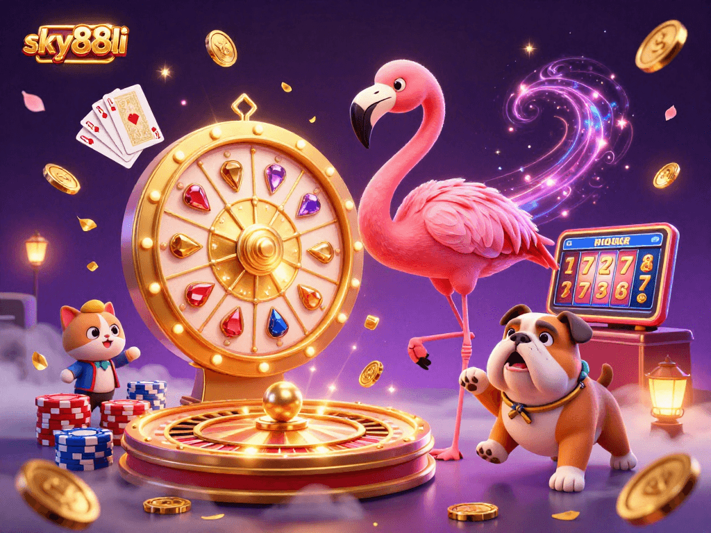 Engage with sky88li's thrilling casino experience featuring vibrant characters, golden prizes, and dynamic gaming elements.