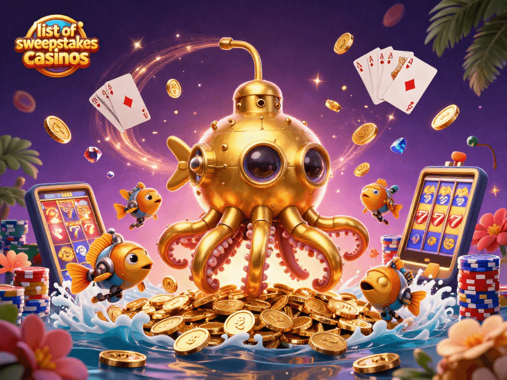 Experience the thrill of gaming at the list of sweepstakes casinos with a dynamic 3D scene of captivating casino elements.