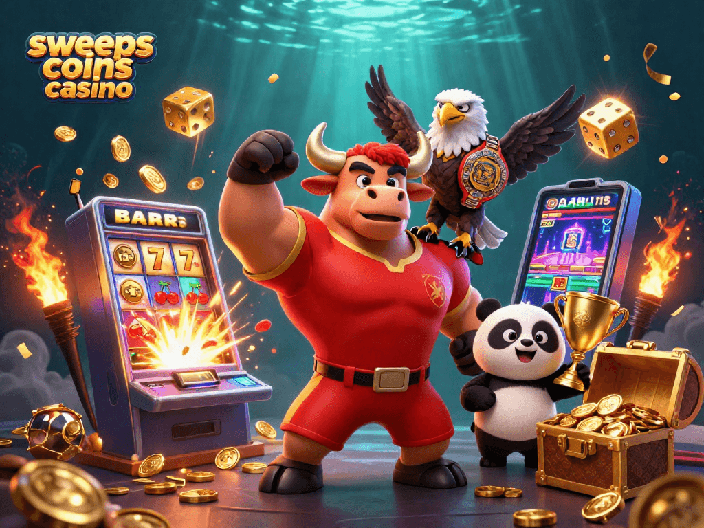 Win big at sweeps coins casino with slots, jackpots, and cheerful characters celebrating!