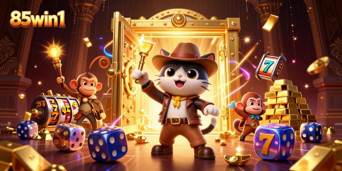 Experience the excitement of 85win1 with a cat archaeologist and treasures illuminating the casino
