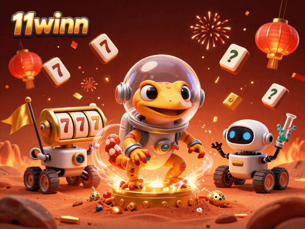 Engaging scene of 11winn casino adventure with a Martian gecko uncovering treasures, perfect for players.