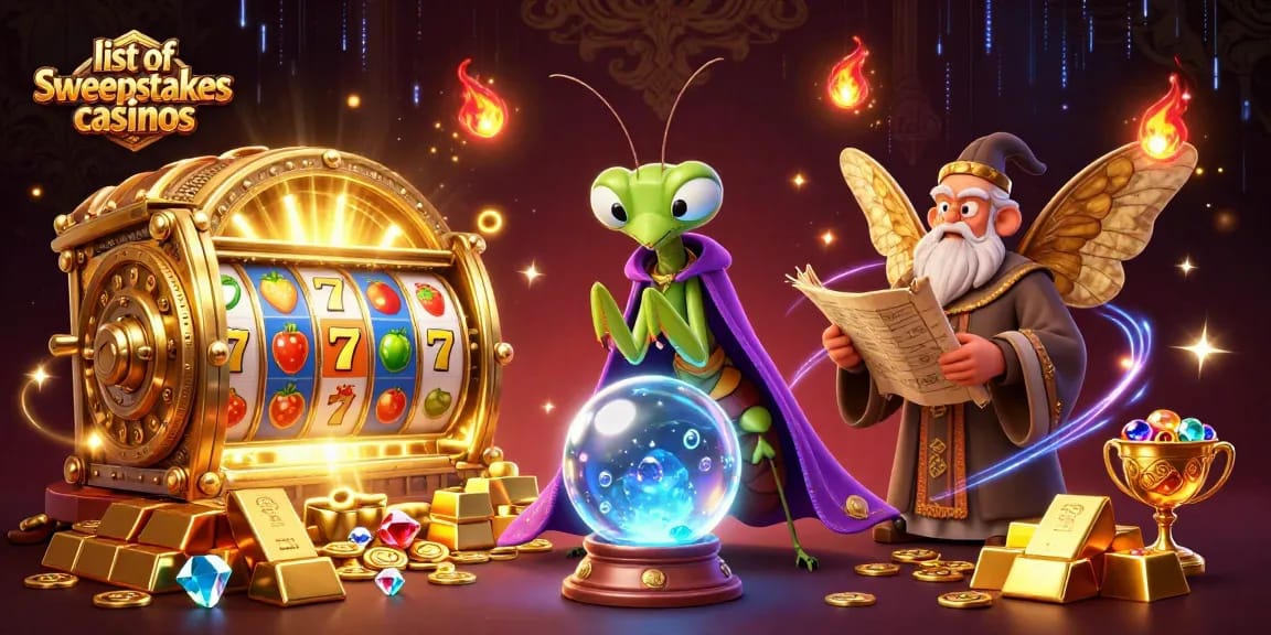 Engage with the list of sweepstakes casinos featuring a mystical fortune teller and a moth librarian alongside glittering treasures.