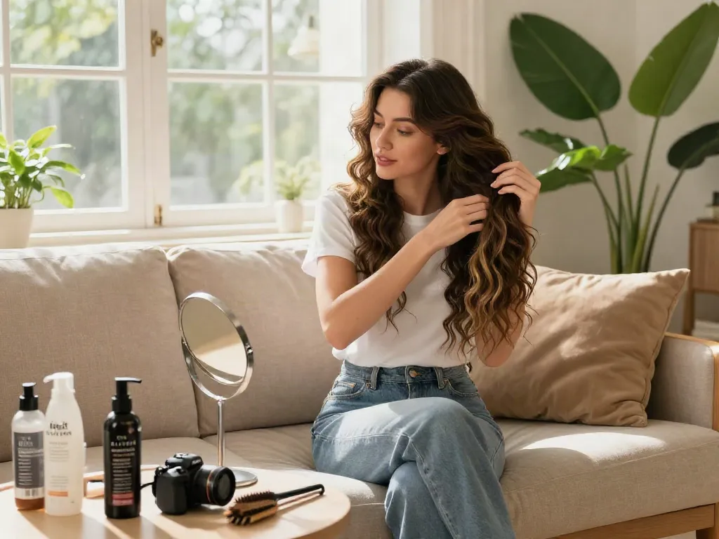 Styling clip in hair extensions at home in bright living room.