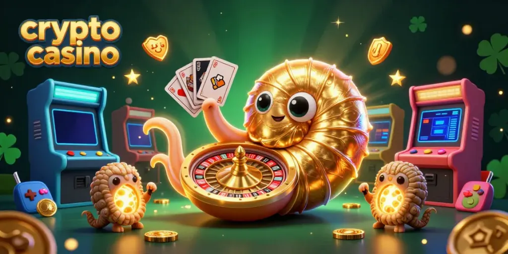 Engaging scene of a crypto casino featuring a giant nautilus roulette wheel and glowing ammonite companions.