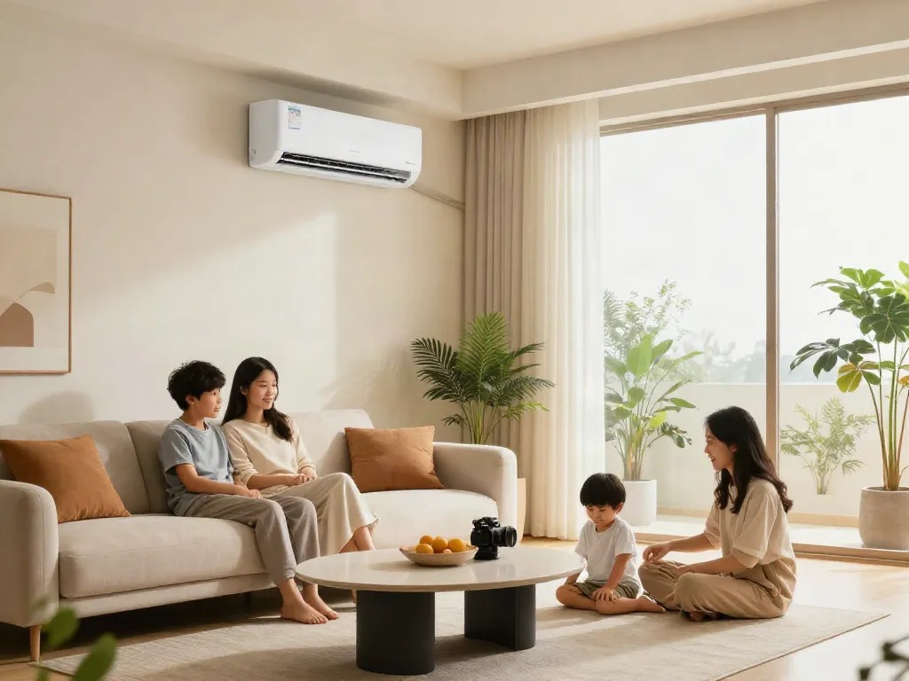 Family enjoying comfort from a mini split of air conditioner in a stylish living room.