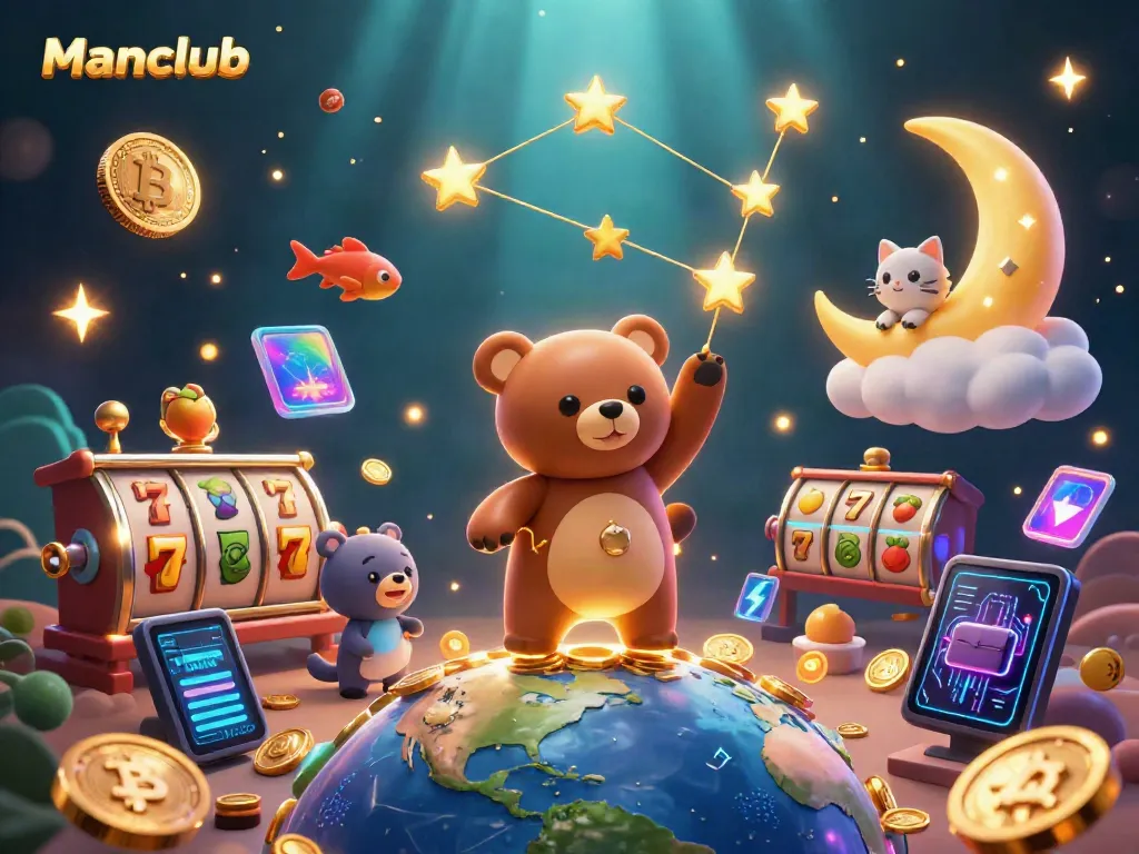 Experience gaming excitement with Manclub's jackpot rewards illustrated in vibrant 3D.