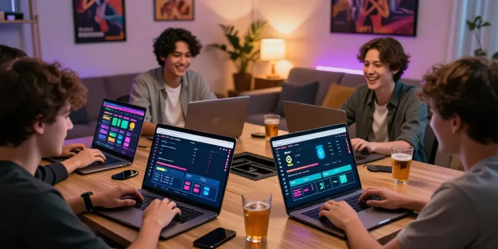 Dewalive interactive online betting scene with players celebrating wins and engaging with vibrant interfaces.