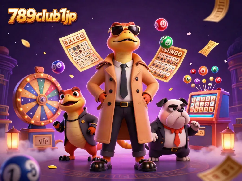 Engage with excitement at 789club1jp as raptors in a trench coat enter a VIP casino lounge.