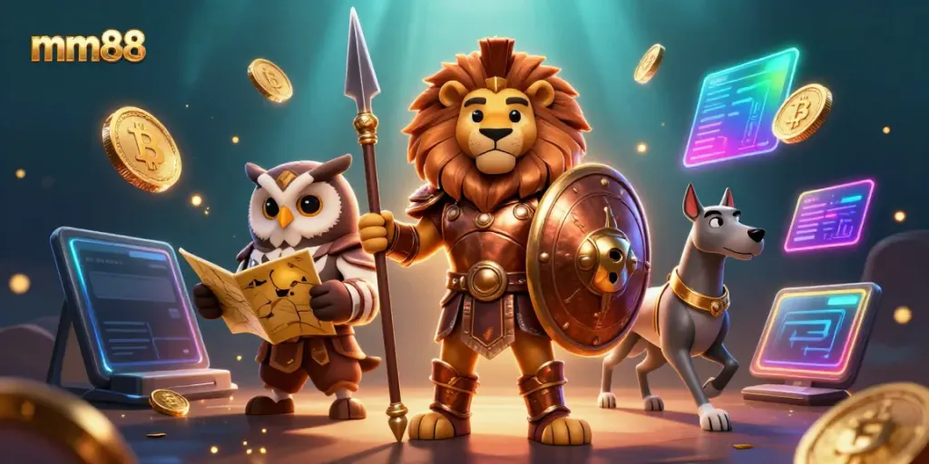 Engage with mm88’s exciting casino experience featuring a 3D Spartan lion and crypto elements.