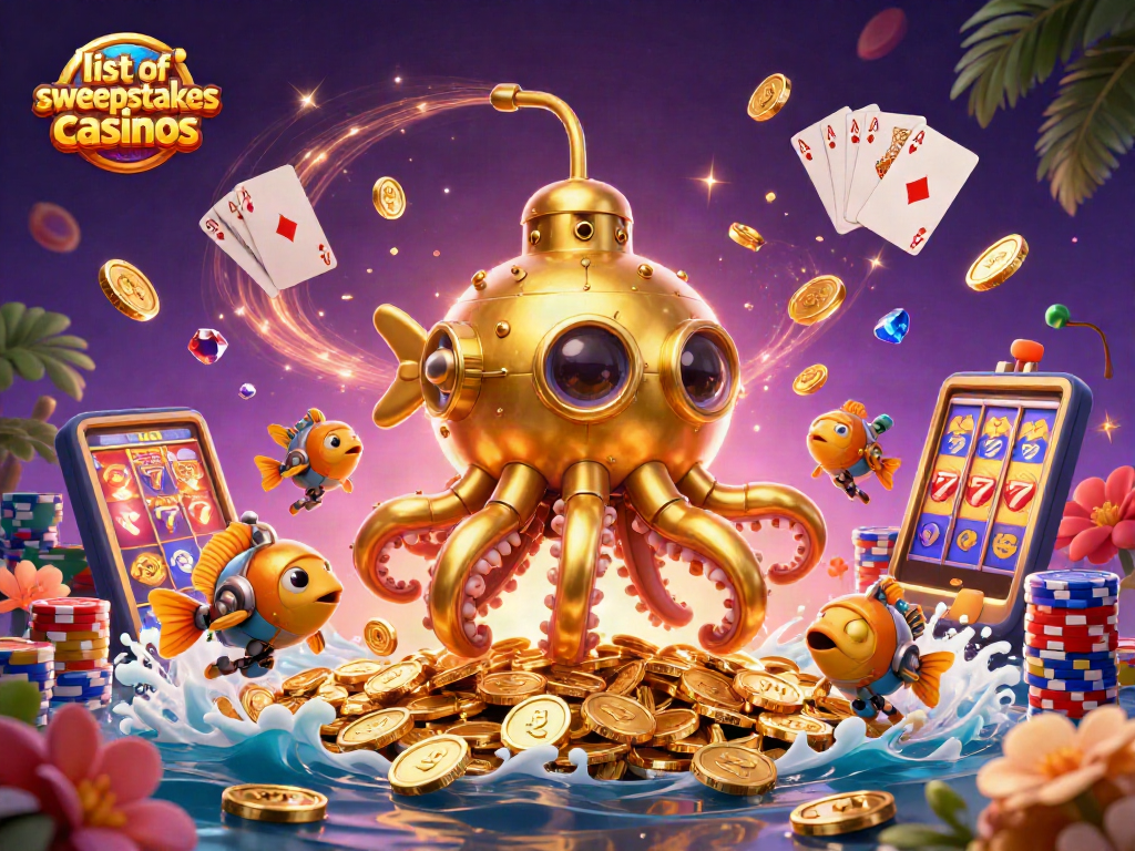 Experience the thrill of gaming at the list of sweepstakes casinos with a dynamic 3D scene of captivating casino elements.