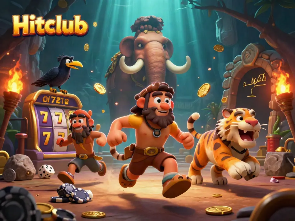 Experience thrilling slots action with Hitclub's vibrant prehistoric casino featuring colorful characters and dynamic elements.