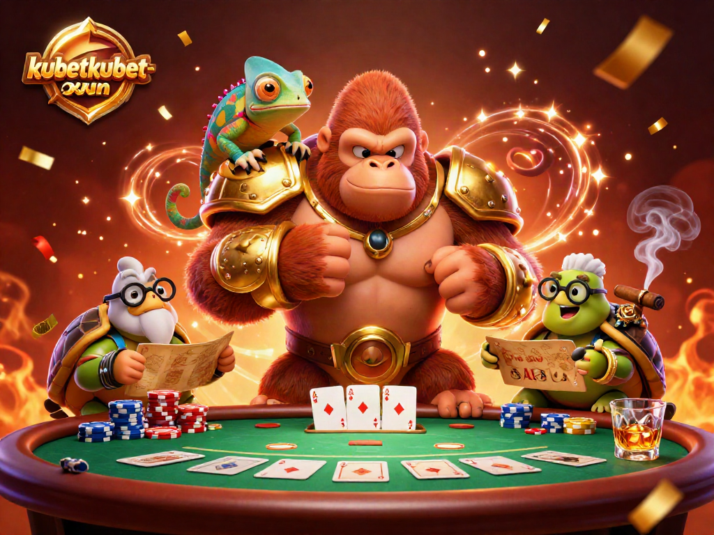 Engage with kubetkubet-xun's fierce gorilla king and colorful chameleon in a vibrant casino scene.
