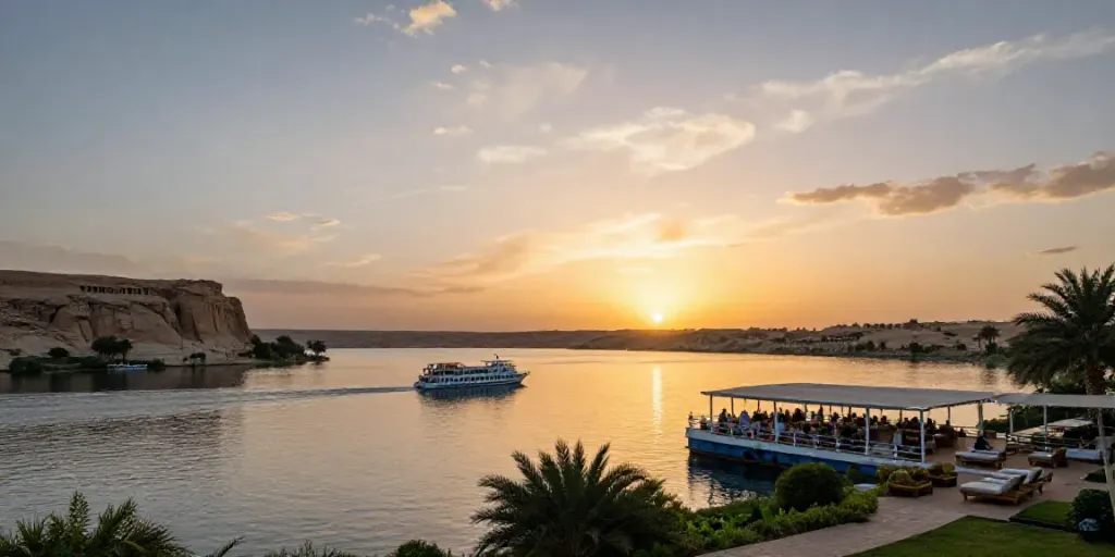 Lake Nasser Cruise with luxury ship and sunset reflection on calm waters.