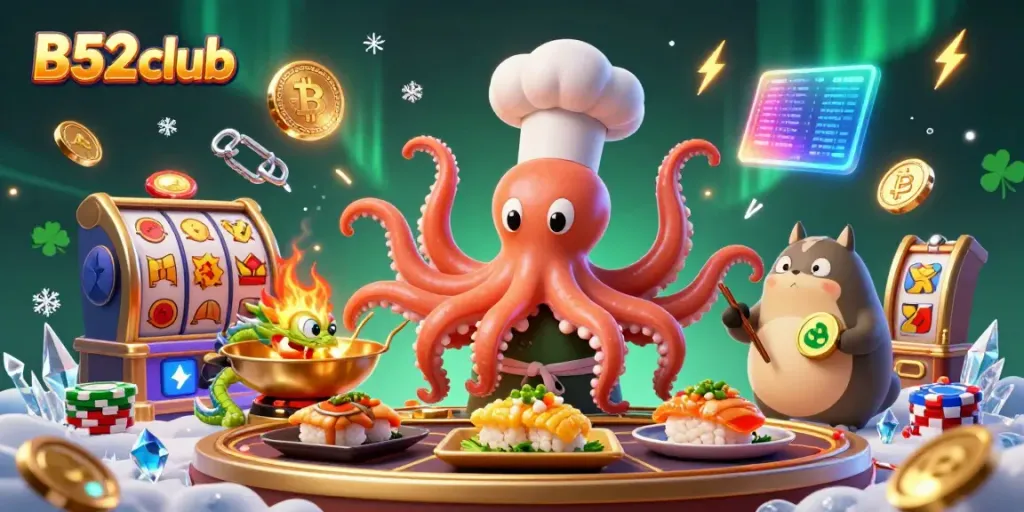 B52club casino scene with a chef octopus and dragon preparing golden dishes, featuring vibrant slot elements.