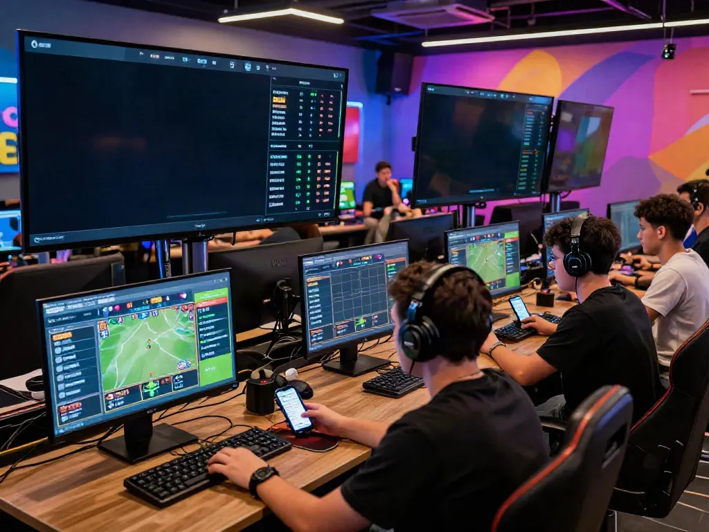 Exciting online gaming at DEBET with players betting on sports, showcasing vibrant atmosphere and modern technology.