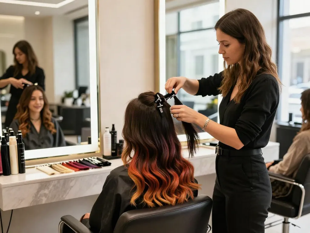 Applying human hair clip in extensions in a stylish beauty salon with vibrant color options.