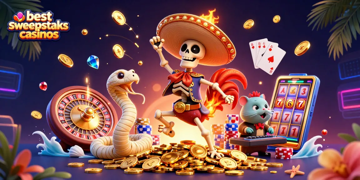 Experience the thrill with the best sweepstakes casinos featuring vibrant characters and gold.