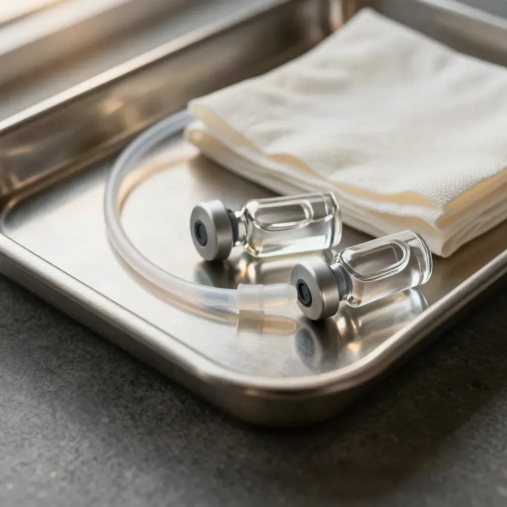 Top-down macro of a stainless medical prep tray with tubing, vials and gauze.