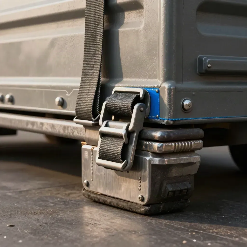 Cargo seal and ratchet buckle on brushed metal beside dock bumper, industrial macro.