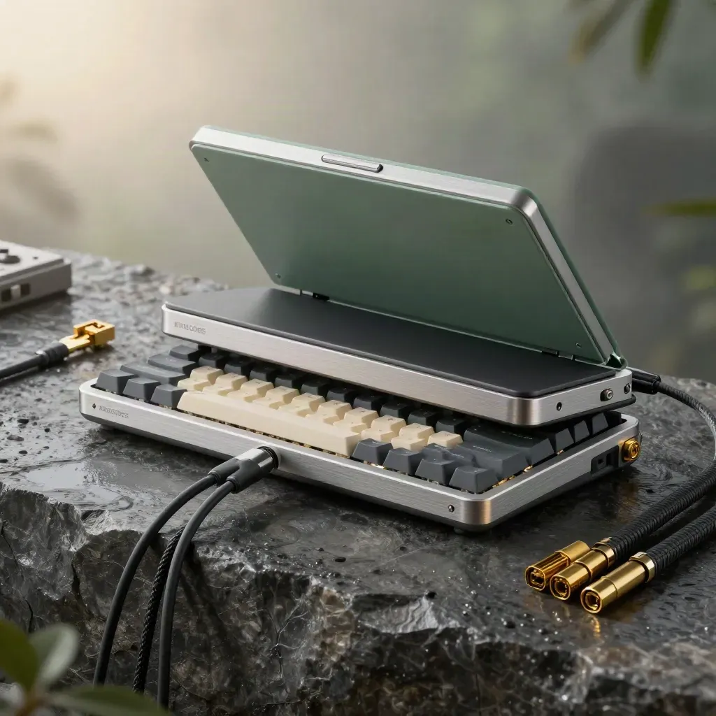 Brushed aluminum toolkit case with cables, adapters, keycaps and a closed laptop on wet stone.