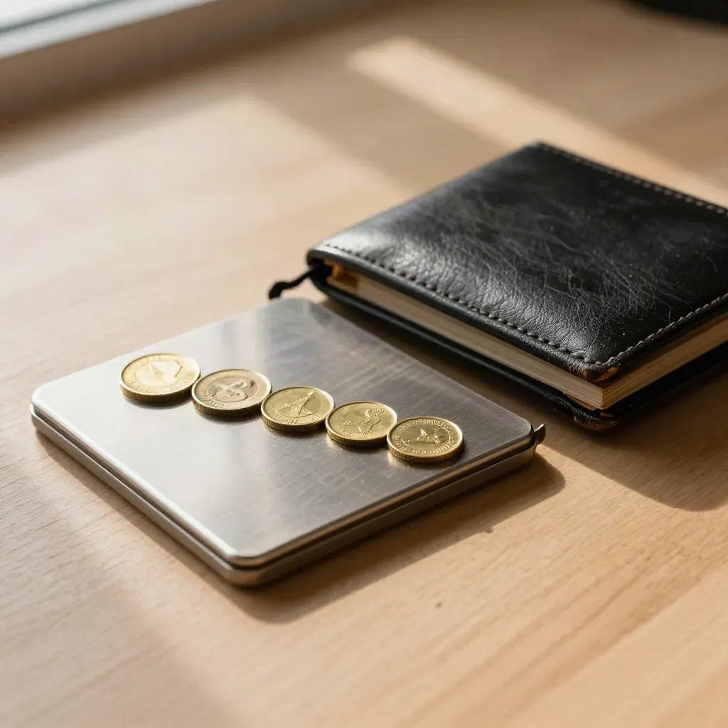 Brass coin weights, a metal scale, and a black portfolio on pale oak in soft daylight.
