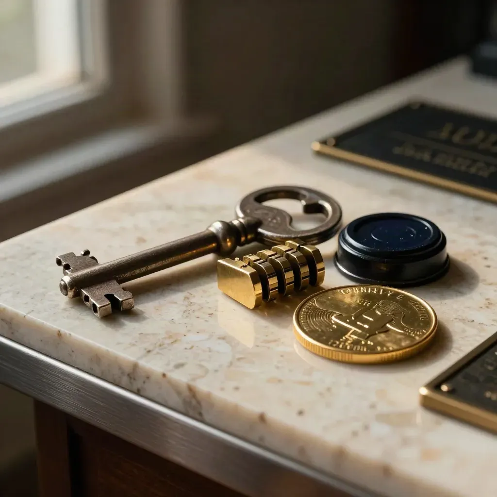 Vault key, lock tumblers, black seal and brass token on travertine in dramatic low light