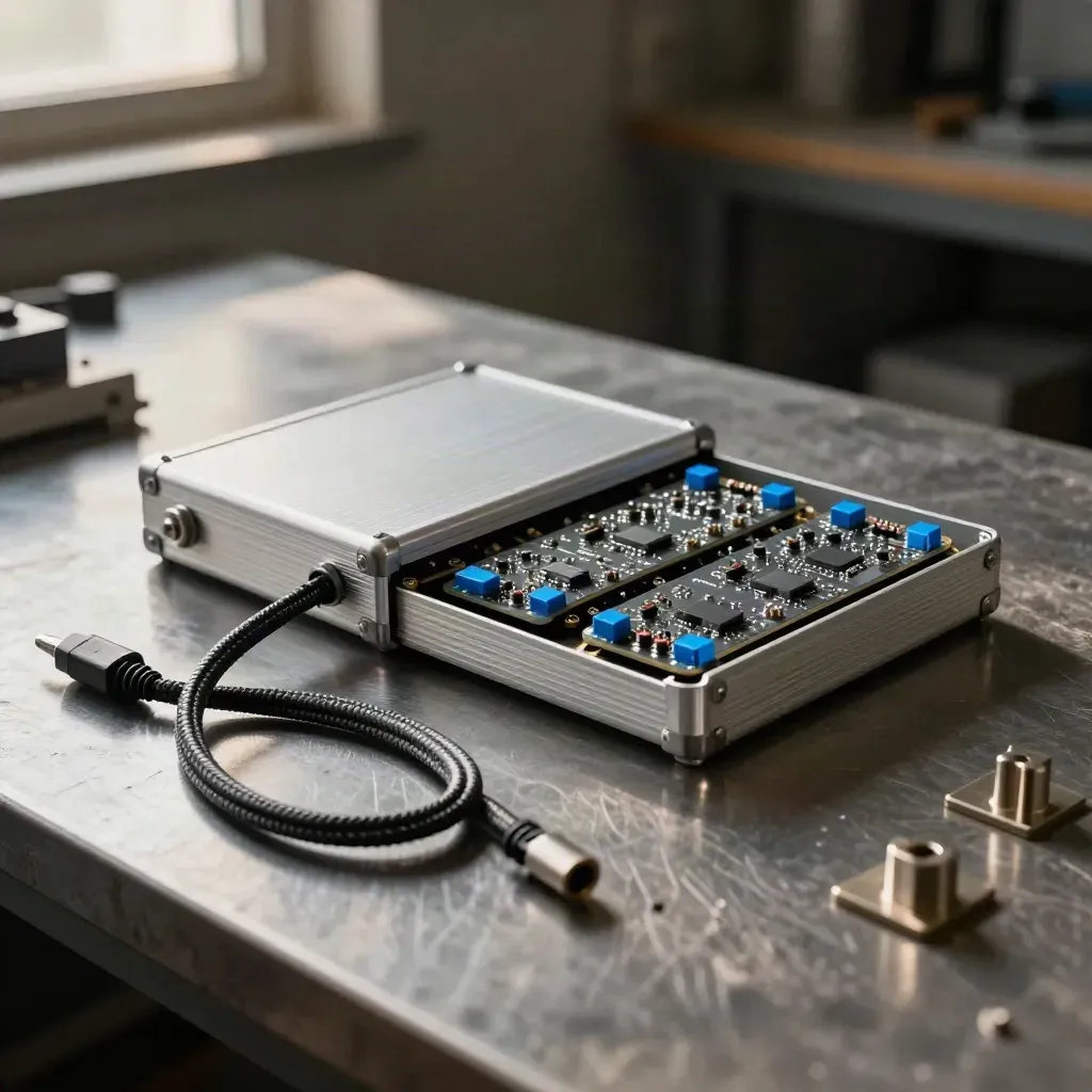 Top-down macro of a starter dev kit: aluminum case, two module boards, and braided cable on steel.