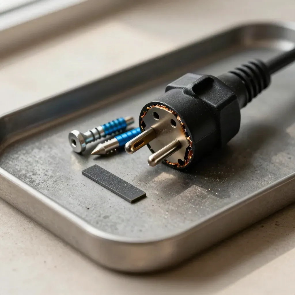 Scorched plug, replacement connector, Torx bits and thermal pad on a graphite repair tray.
