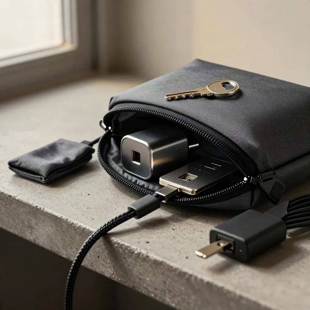 Startup launch pouch with charger, hub, keycard, and cable seen through blurred mesh.