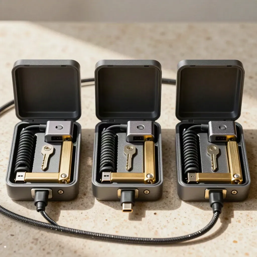 Three deployment kits around a central dock on travertine, seen in a crisp overhead still life.