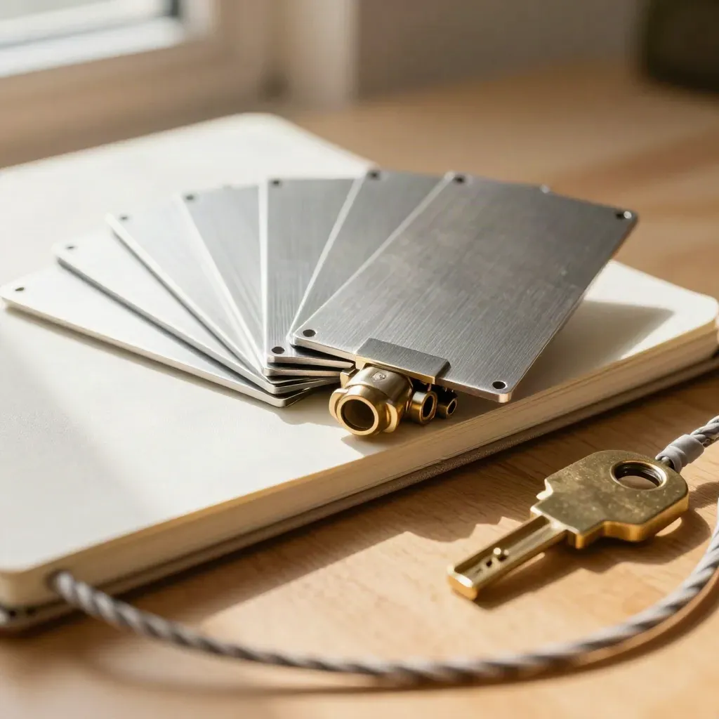 Macro still life of component cards, a closed notebook, connector blocks and a launch key on oak.
