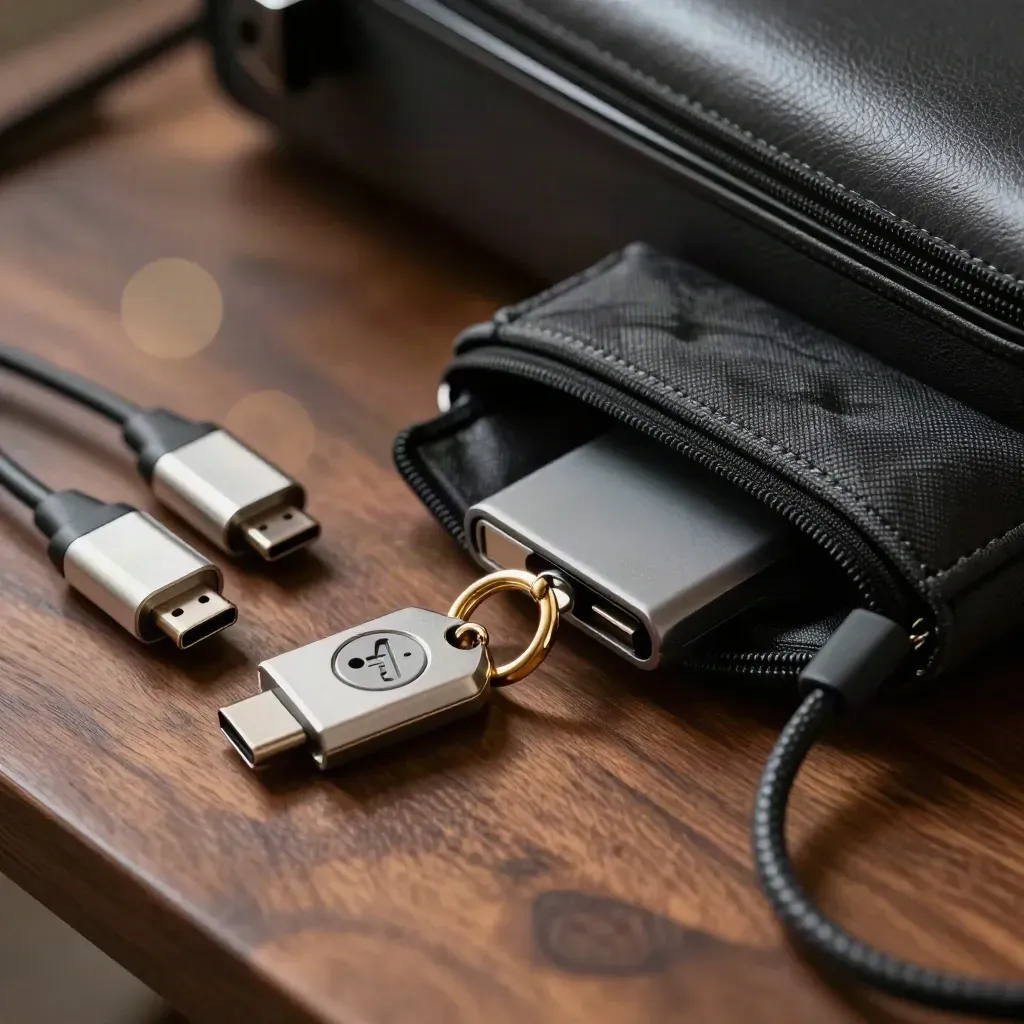 Travel adapters, hardware passkey, sealed drive, and cable pouch on warm walnut in dramatic studio light.