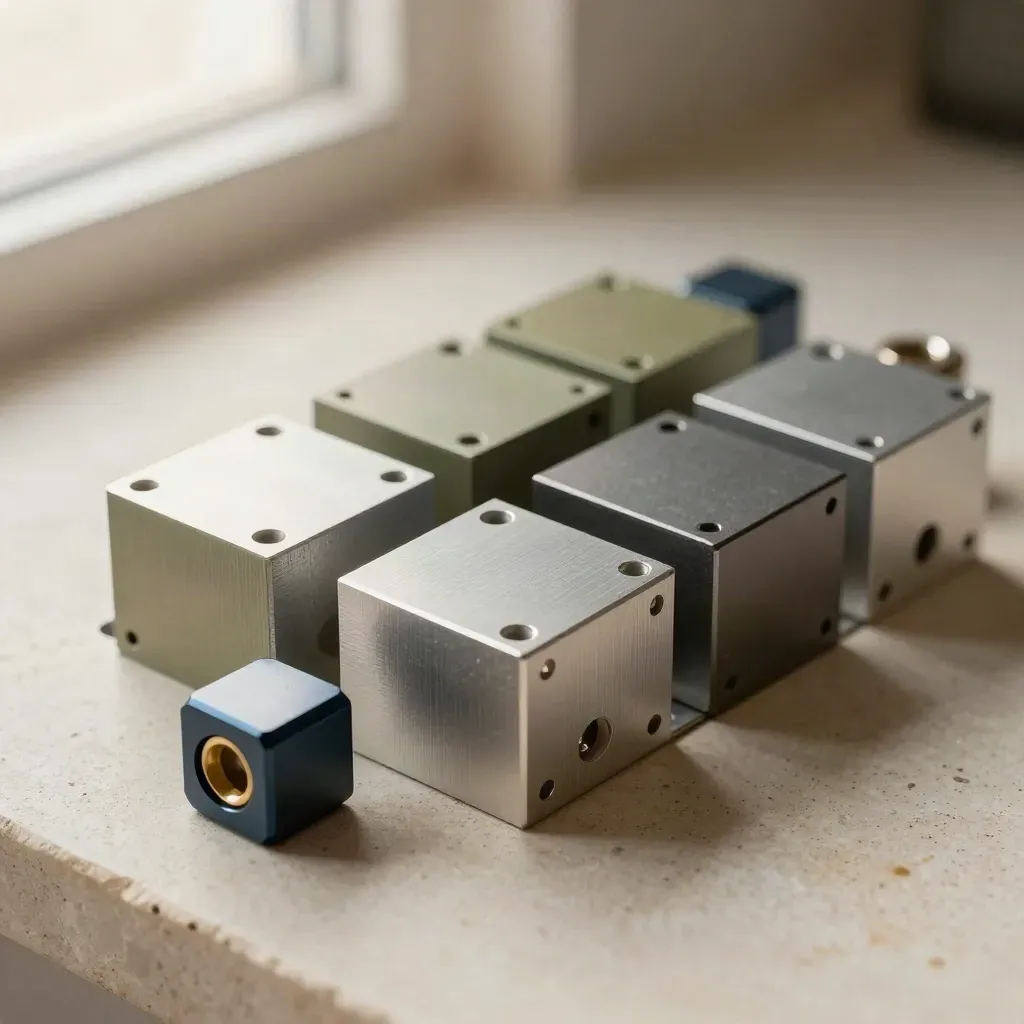 Top-down macro of modular metal UI blocks and connector pucks on stone.