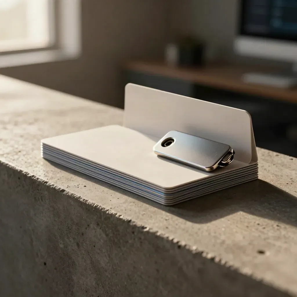 Tabbed docs, keycard, and hardware token on a concrete ledge in warm dramatic light