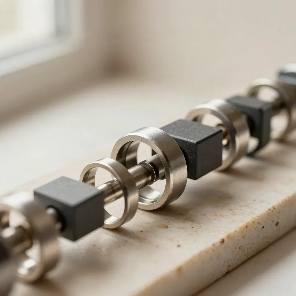 Extreme macro of linked metal rings and modular connectors on stone, lit dramatically with slate highlights.