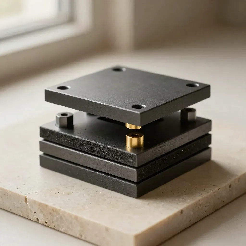 Graphite blocks and gold standoffs in a premium top-down technical still life on pale stone.