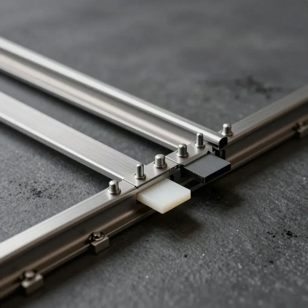 Brushed rails and silver pins with graphite tabs on a charcoal stone surface.