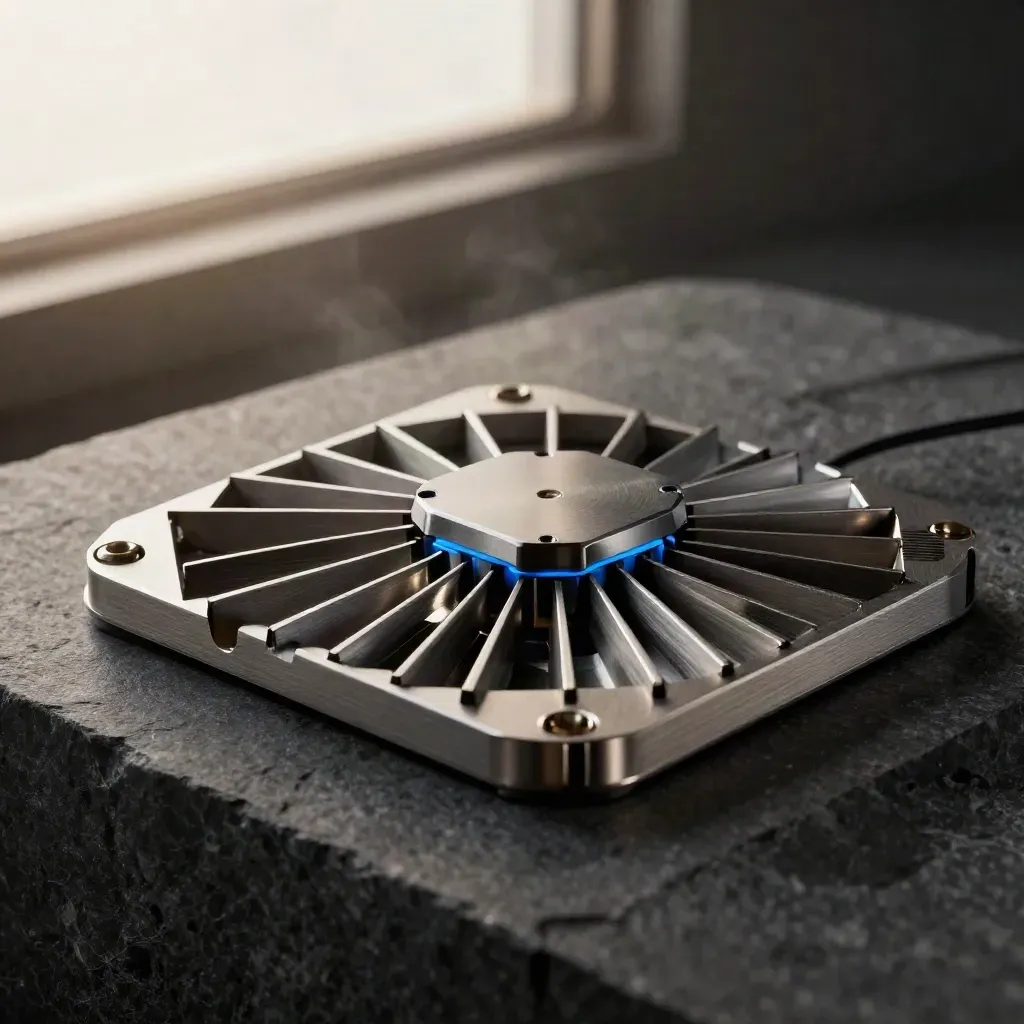 Brushed metal fins open around a docking cradle with a connector node on a charcoal stone plinth.