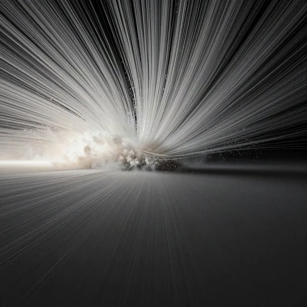 Silver filaments bloom in charcoal space with drifting motes and empty copy space.