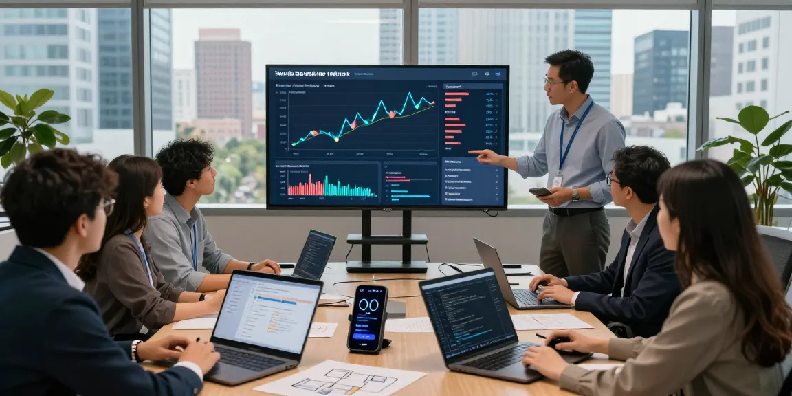 Team analyzing API data metrics with Waygrid in a sleek office setting